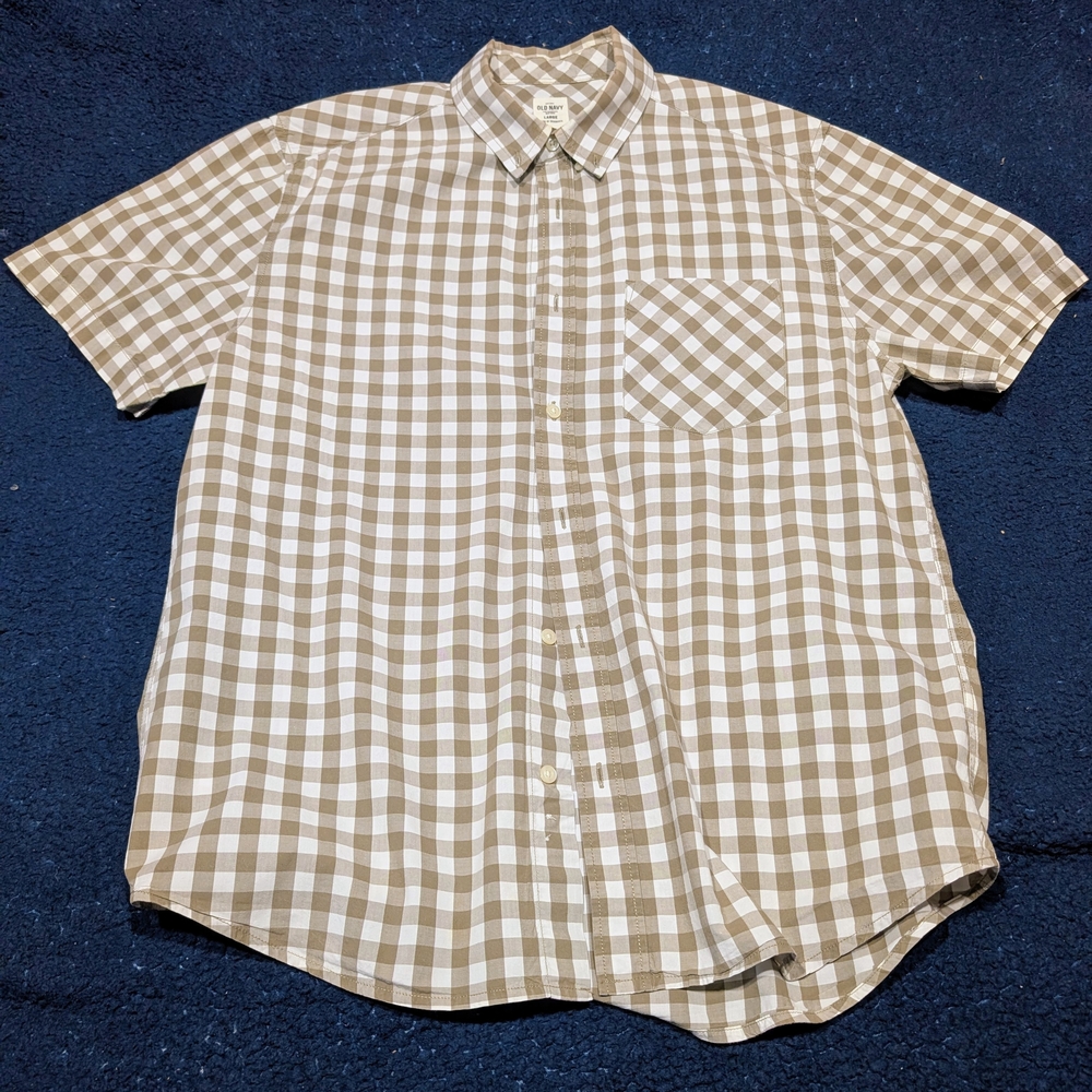 Old Navy Men's Tan Checkered Button Down Shirt (Large)